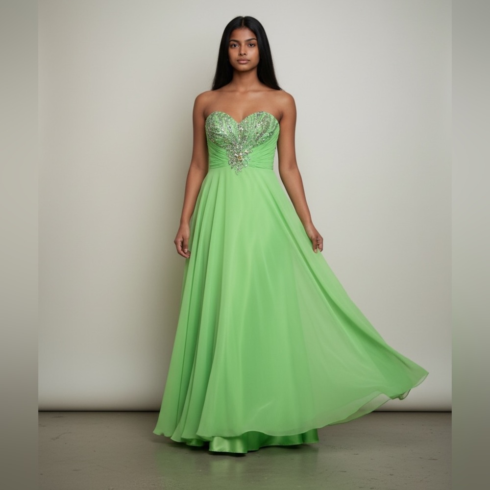 NWT 2 Cute Lime Green Formal Bare Shoulder Women’s Rhinestones Sequin Maxi Dress